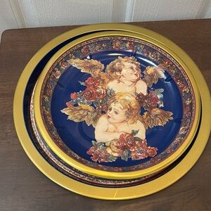 2 Vintage decorative floral trays, cherubs angels in gold and navy colors